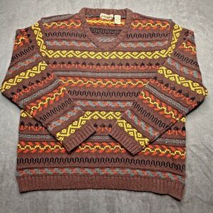 Vtg Ruff Hewn Sweater Mens Sz 2XL Brown Fair Isle V Neck Knit Pullover Retro Mod